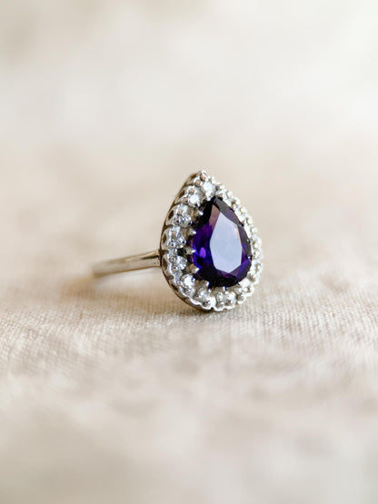 Vintage Amethyst and Diamond Engagement Ring, Pear Cut, 14k White Gold, Halo Bridal Ring