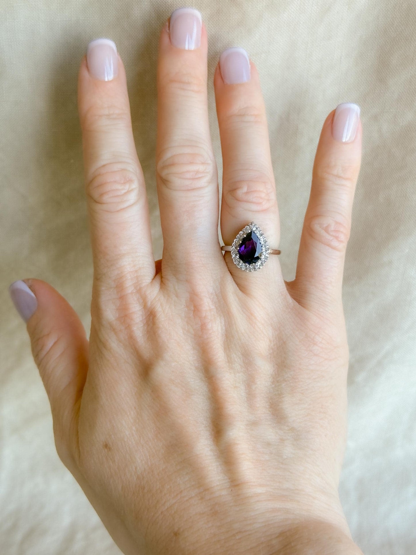 Vintage Amethyst and Diamond Engagement Ring, Pear Cut, 14k White Gold, Halo Bridal Ring