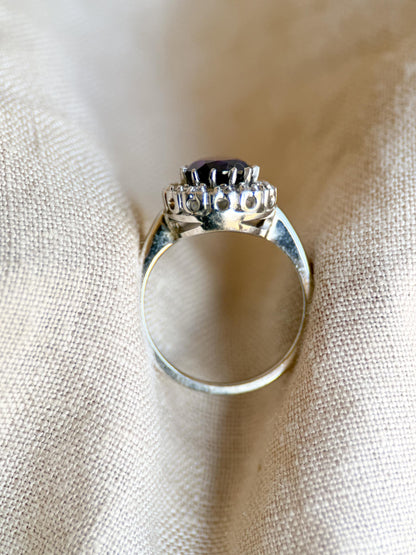 Vintage Amethyst and Diamond Engagement Ring, Pear Cut, 14k White Gold, Halo Bridal Ring