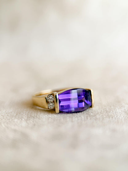 Vintage 1990s Purple Amethyst & Diamond Ring in 14k Gold