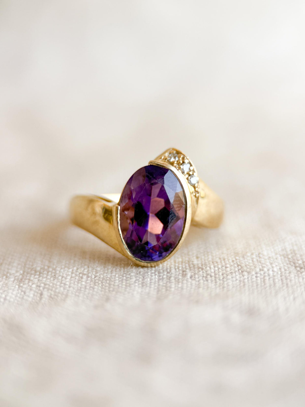 Vintage Amethyst and Diamond Ring, 14k Gold, Oval Bezel Statement Ring, Bold Gemstone Jewelry
