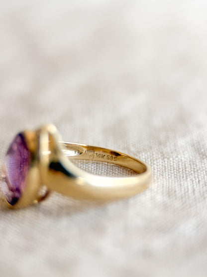 Vintage Amethyst and Diamond Ring, 14k Gold, Oval Bezel Statement Ring, Bold Gemstone Jewelry