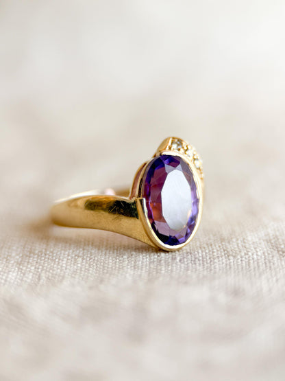 Vintage Amethyst and Diamond Ring, 14k Gold, Oval Bezel Statement Ring, Bold Gemstone Jewelry