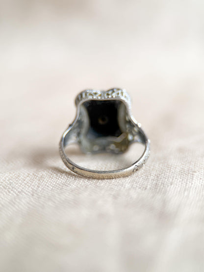 Vintage 1930s Art Deco Onyx & Diamond Engagement Ring, 14k White Gold, Gemstone Bridal Jewelry