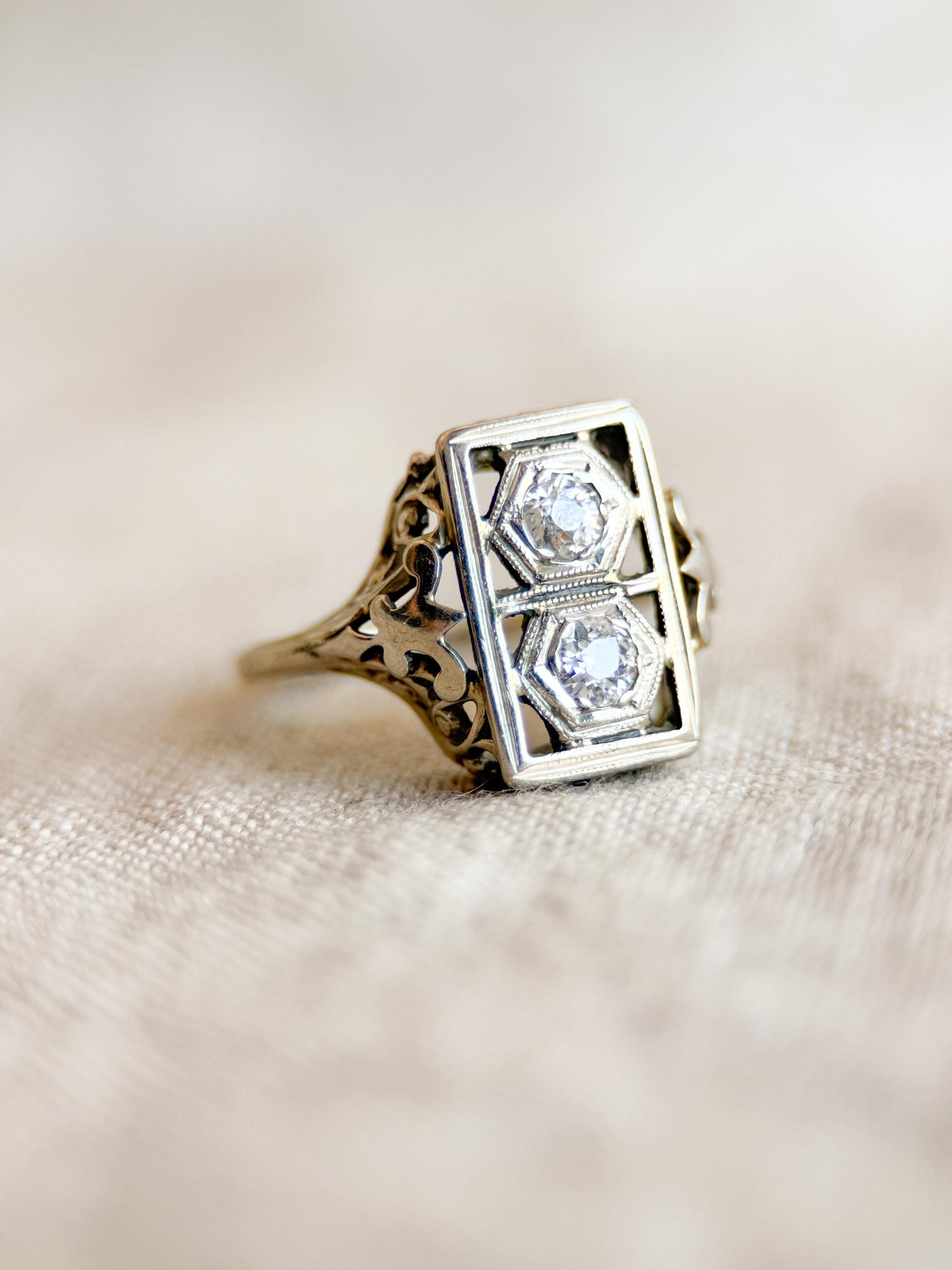 Antique Diamond Ring, 14k White Gold, Old Mine Two-Stone Engagement Ring, Vintage 1900s Art Nouveau
