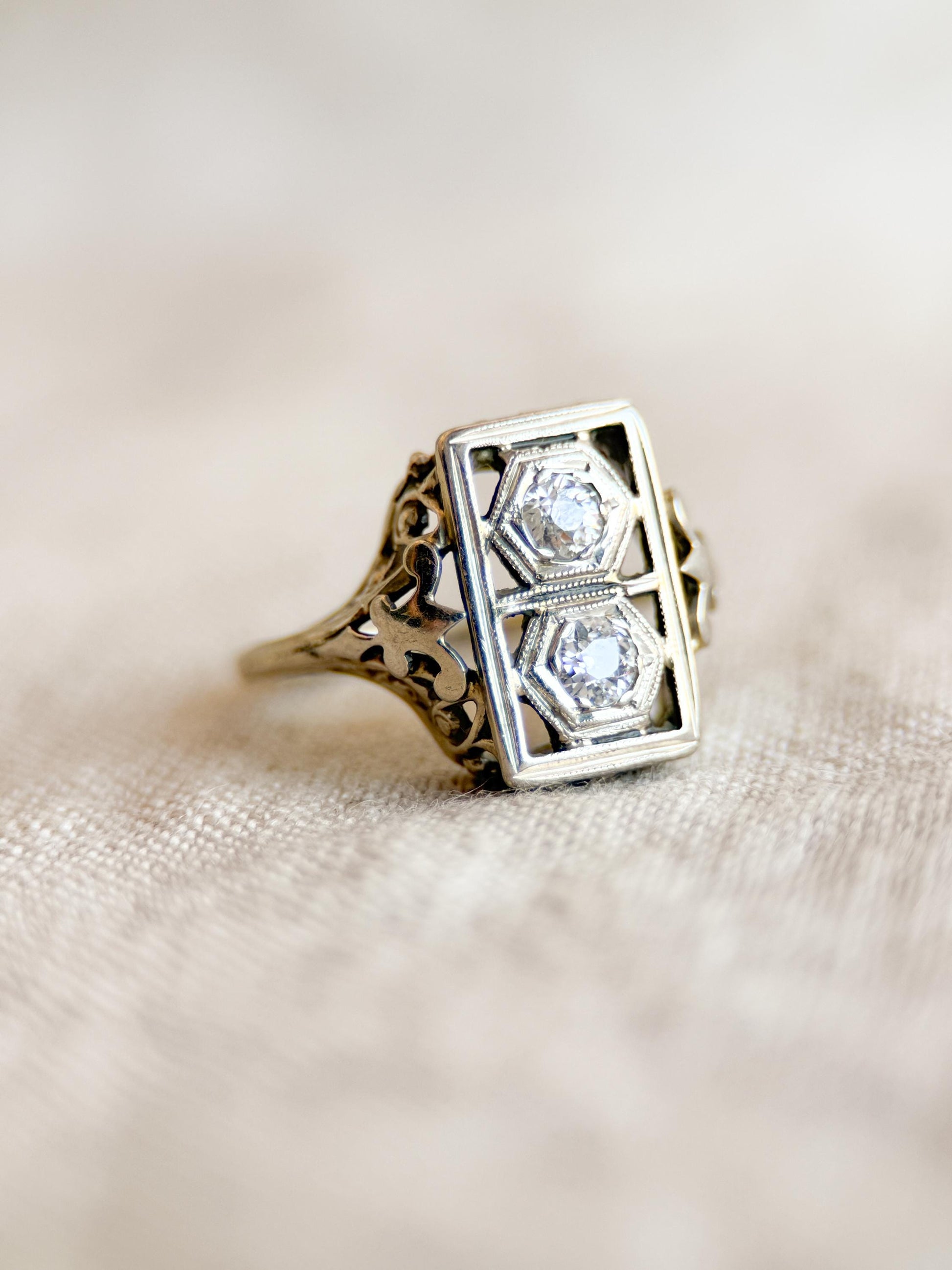 Antique Diamond Ring, 14k White Gold, Old Mine Two-Stone Engagement Ring, Vintage 1900s Art Nouveau