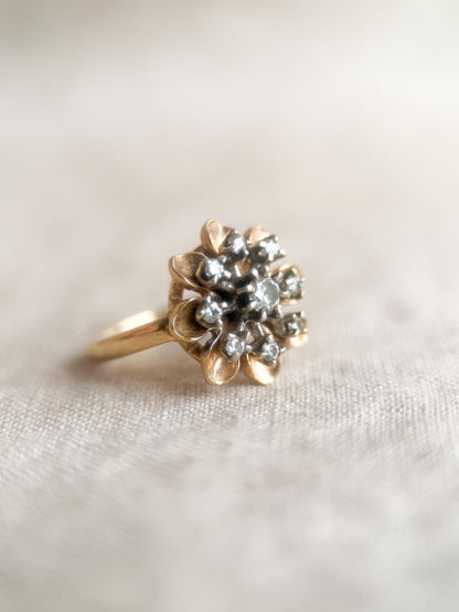 Vintage 1940s Flower Diamond Engagement Ring, 14k Gold Cluster Style Floral Bridal Jewelry • One-of-a-kind