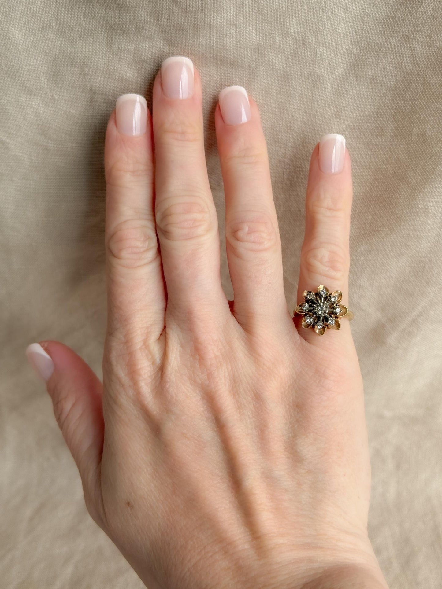 Vintage 1940s Flower Diamond Engagement Ring, 14k Gold Cluster Style Floral Bridal Jewelry • One-of-a-kind