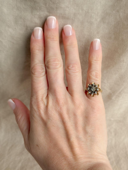Vintage 1940s Flower Diamond Engagement Ring, 14k Gold Cluster Style Floral Bridal Jewelry • One-of-a-kind