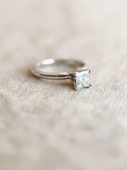 Vintage Diamond Engagement Ring, Princess Cut, 14k White Gold, Solitaire Bridal Ring