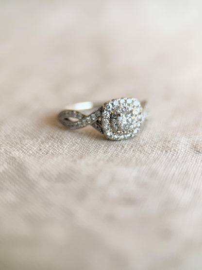 Vintage Diamond Halo Engagement Ring, Round Cut, 14k White Gold, Cushion Infinity Bridal Ring