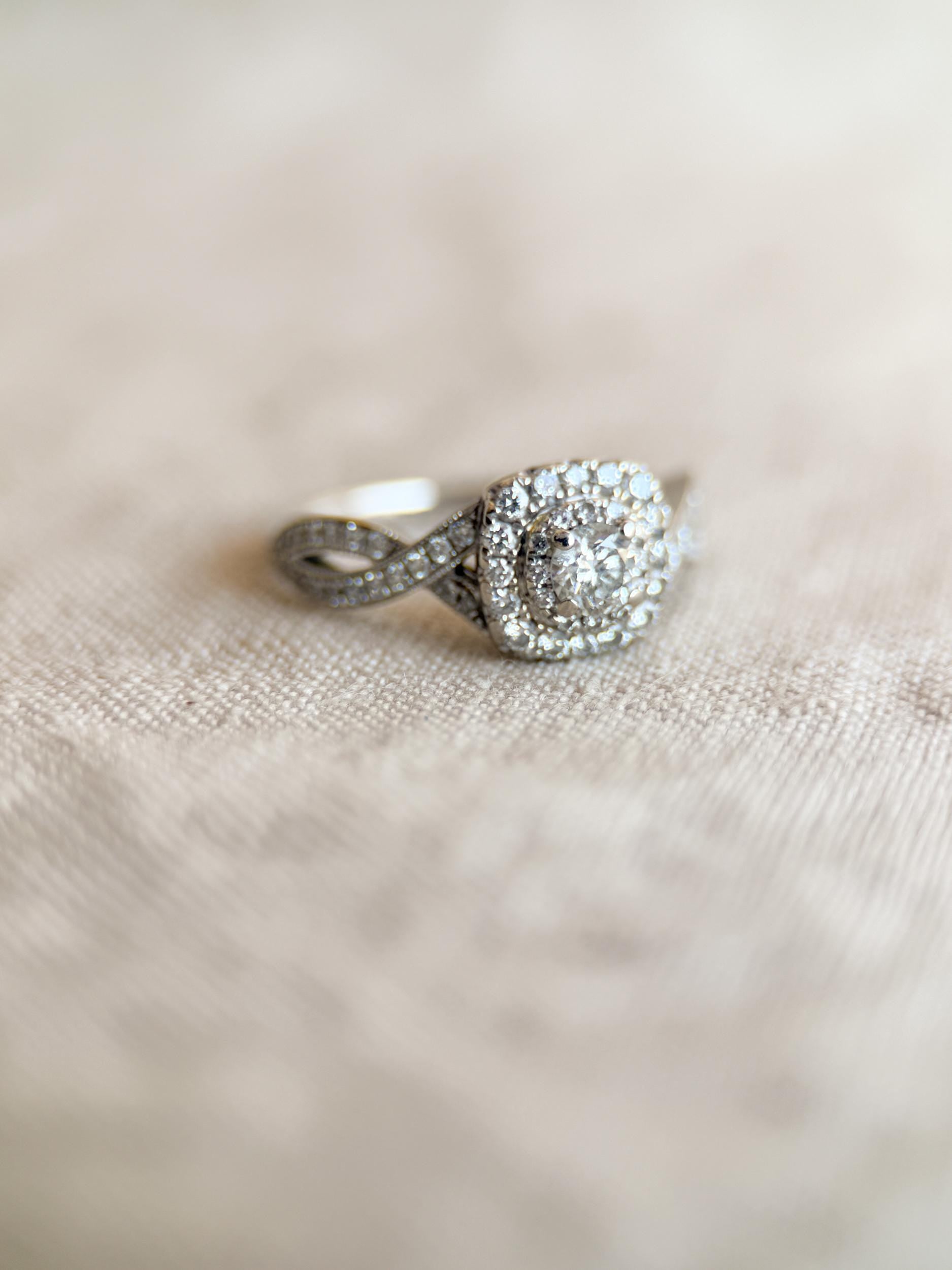Vintage Diamond Engagement Ring, Round Cut, 14k White Gold, Neil Lane Cushion Halo Infinity
