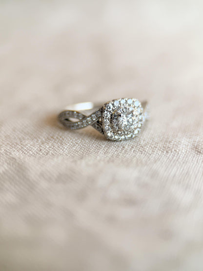 Vintage Diamond Engagement Ring, Round Cut, 14k White Gold, Neil Lane Cushion Halo Infinity