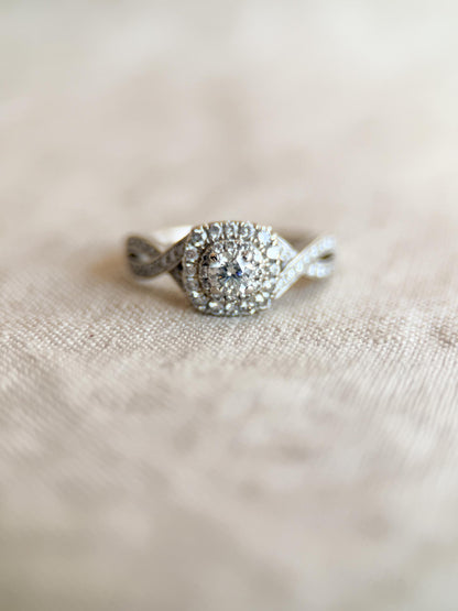 Vintage Diamond Engagement Ring, Round Cut, 14k White Gold, Neil Lane Cushion Halo Infinity