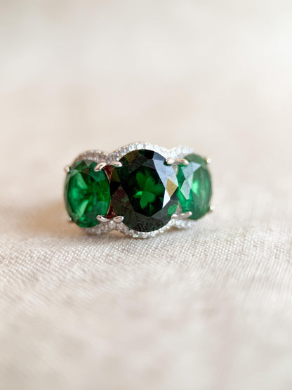 Vintage Three Stone Halo Green Gemstone Ring, Sterling Silver Cocktail Statement Ring