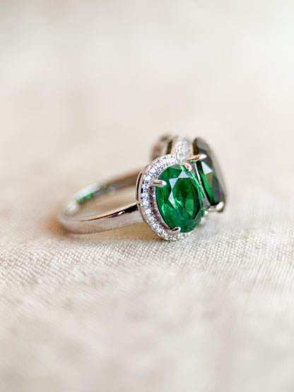 Vintage Three Stone Halo Green Gemstone Ring, Sterling Silver Cocktail Statement Ring