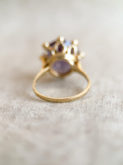 Vintage Sapphire Ring, 14k Gold, Oval Cut Purple Statement Ring, Crown Solitaire Cocktail Jewelry