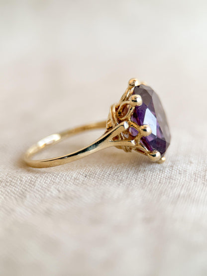 Vintage Sapphire Ring, 14k Gold, Oval Cut Purple Statement Ring, Crown Solitaire Cocktail Jewelry