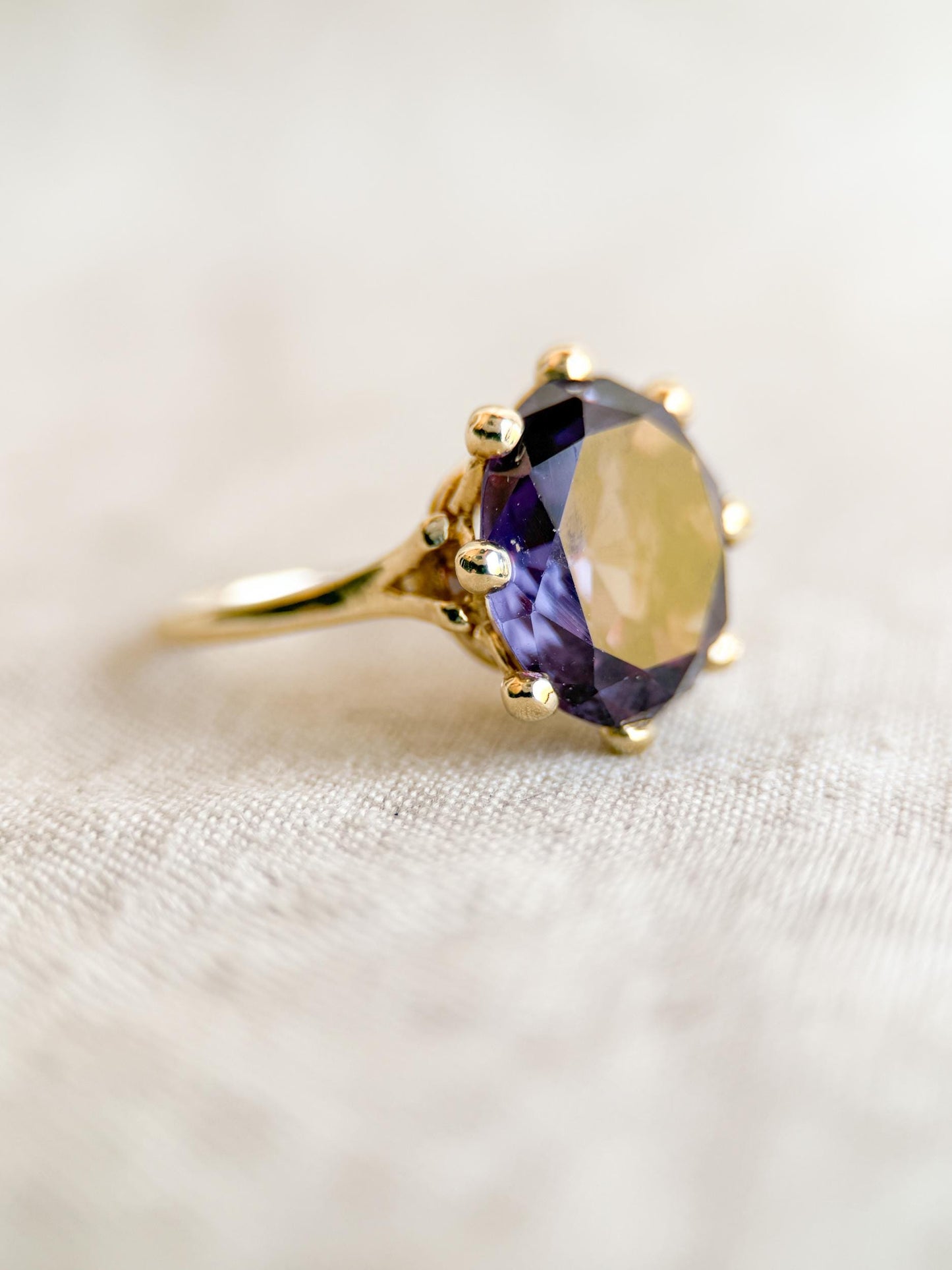 Vintage Sapphire Ring, 14k Gold, Oval Cut Purple Statement Ring, Crown Solitaire Cocktail Jewelry