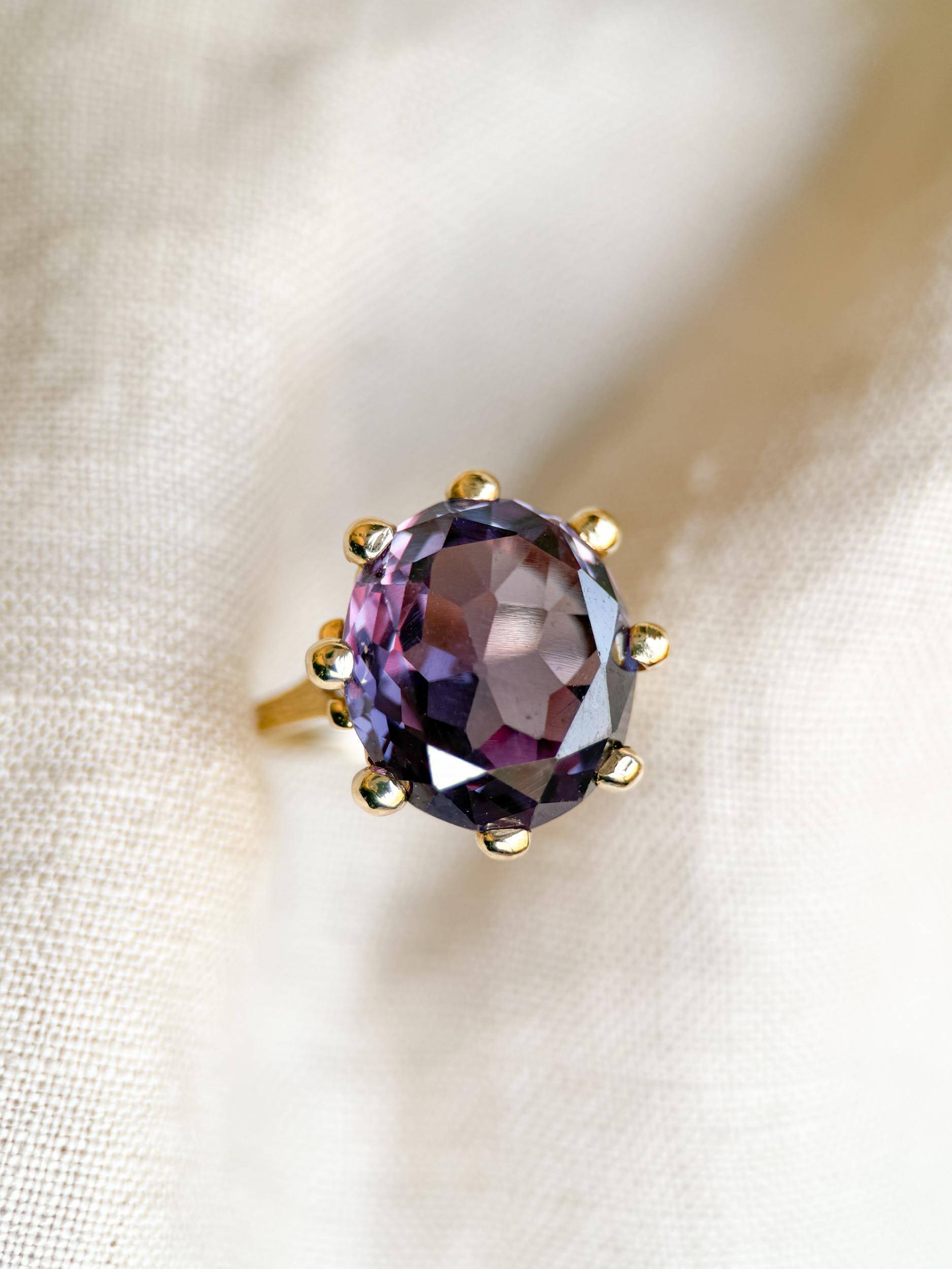 Vintage Sapphire Ring, 14k Gold, Oval Cut Purple Statement Ring, Crown Solitaire Cocktail Jewelry