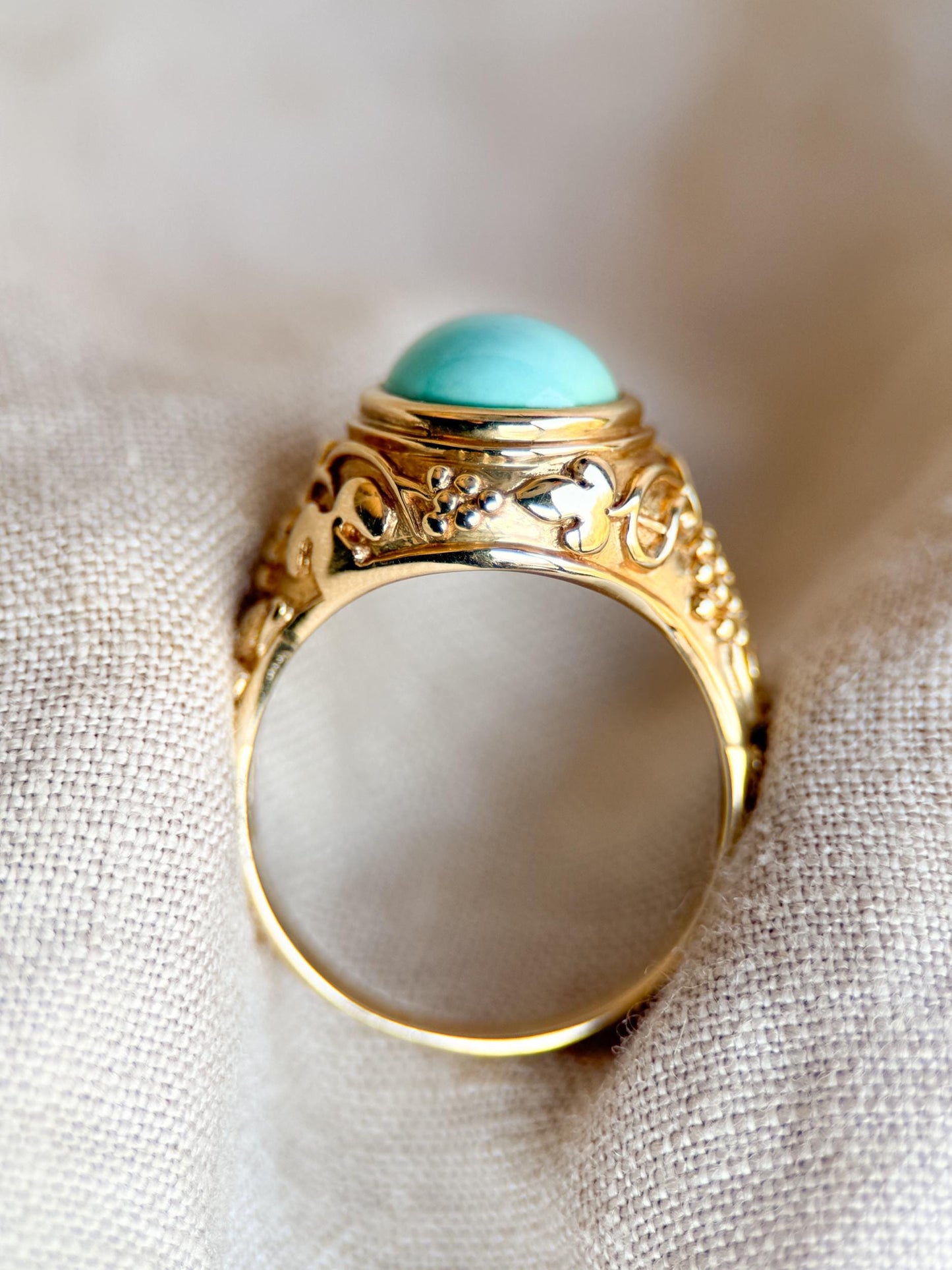 Vintage Turquoise Ring, 14k Gold, Filigree Oval Bezel Statement Ring, Era Bold Jewelry