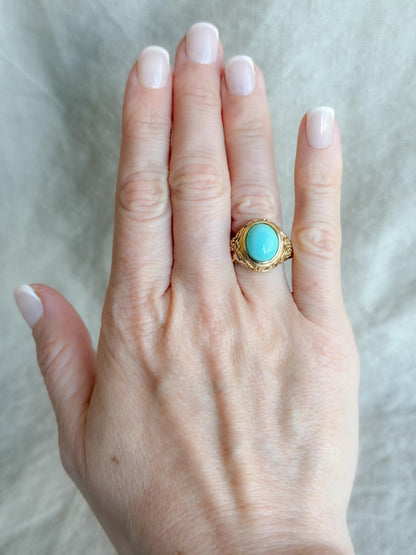 Vintage Turquoise Ring, 14k Gold, Filigree Oval Bezel Statement Ring, Era Bold Jewelry