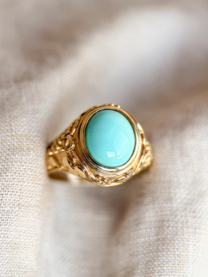 Vintage Turquoise Ring, 14k Gold, Filigree Oval Bezel Statement Ring, Era Bold Jewelry