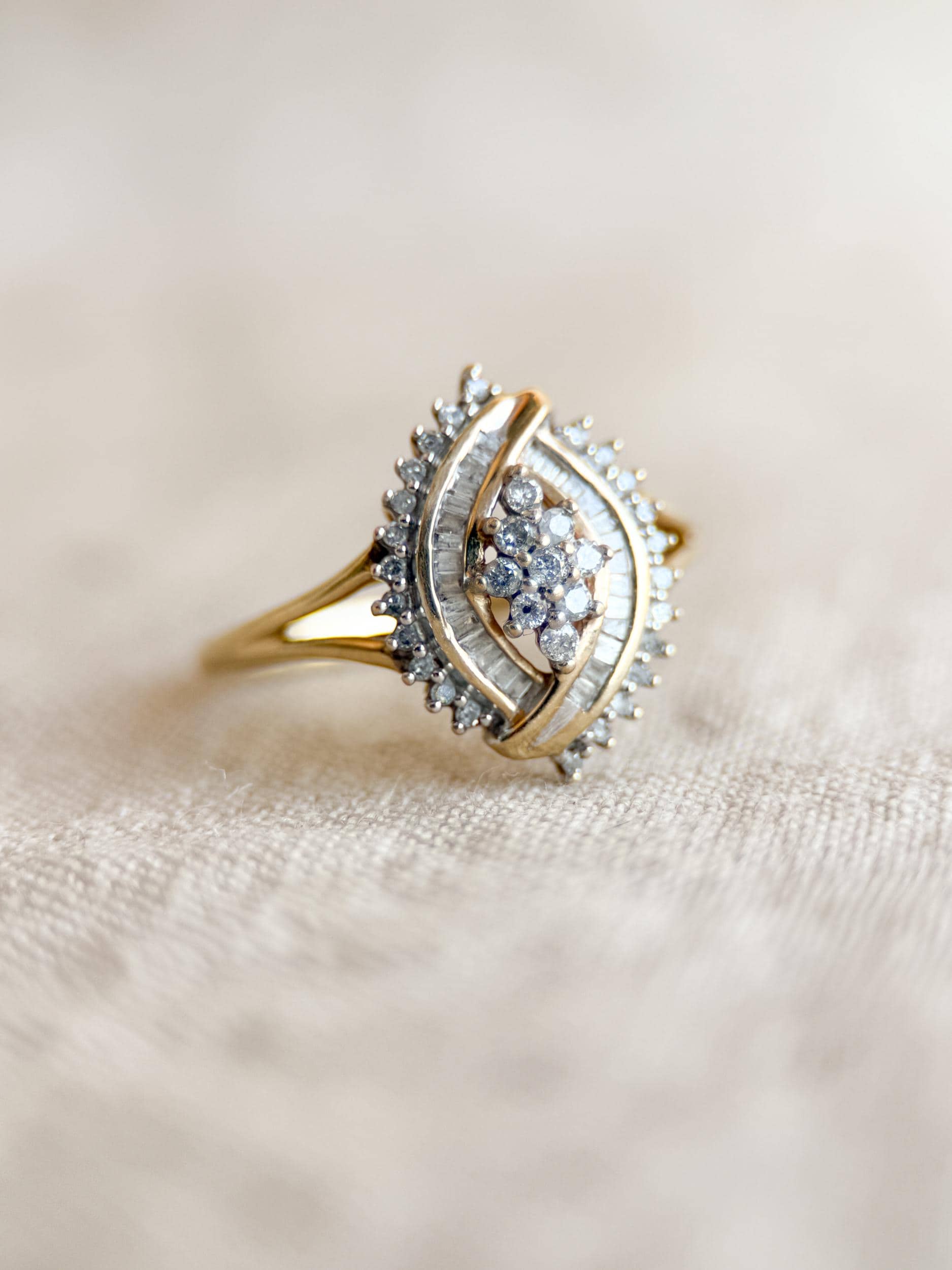Vintage Diamond Engagement Ring, Round and Baguette Cut, 10k Gold, Cluster Bridal Ring