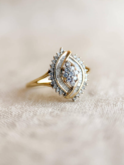 Vintage Diamond Engagement Ring, Round and Baguette Cut, 10k Gold, Cluster Bridal Ring