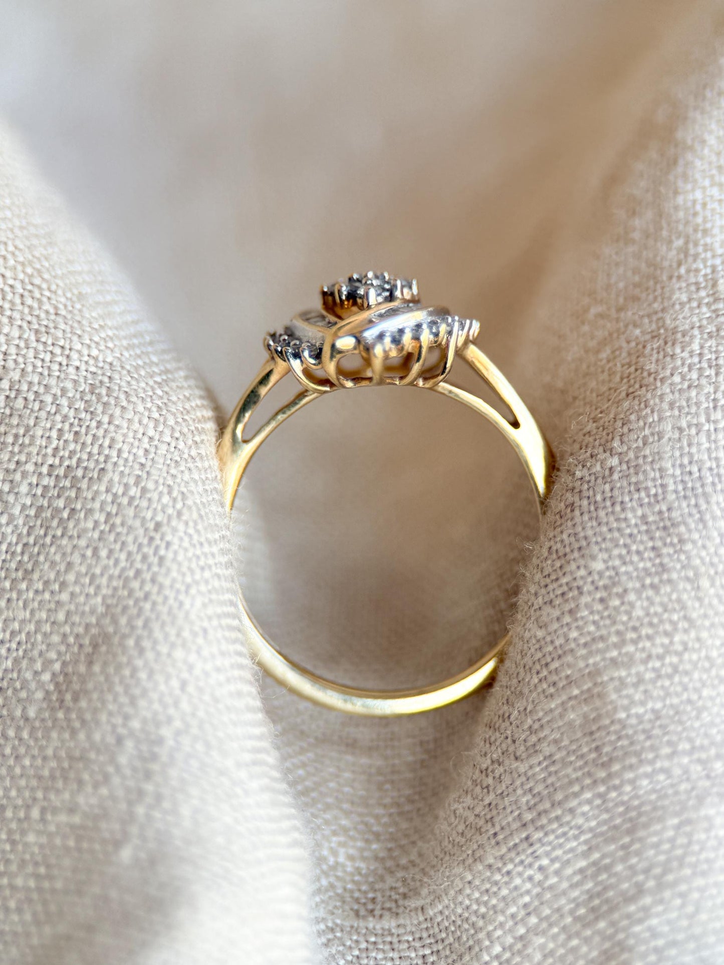 Vintage Diamond Engagement Ring, Round and Baguette Cut, 10k Gold, Cluster Bridal Ring