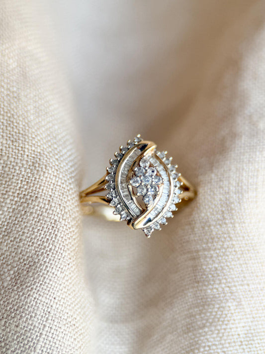Vintage 1990s Marquise Diamond Cluster Engagement Ring - 10k Gold Retro Heirloom Statement Jewelry