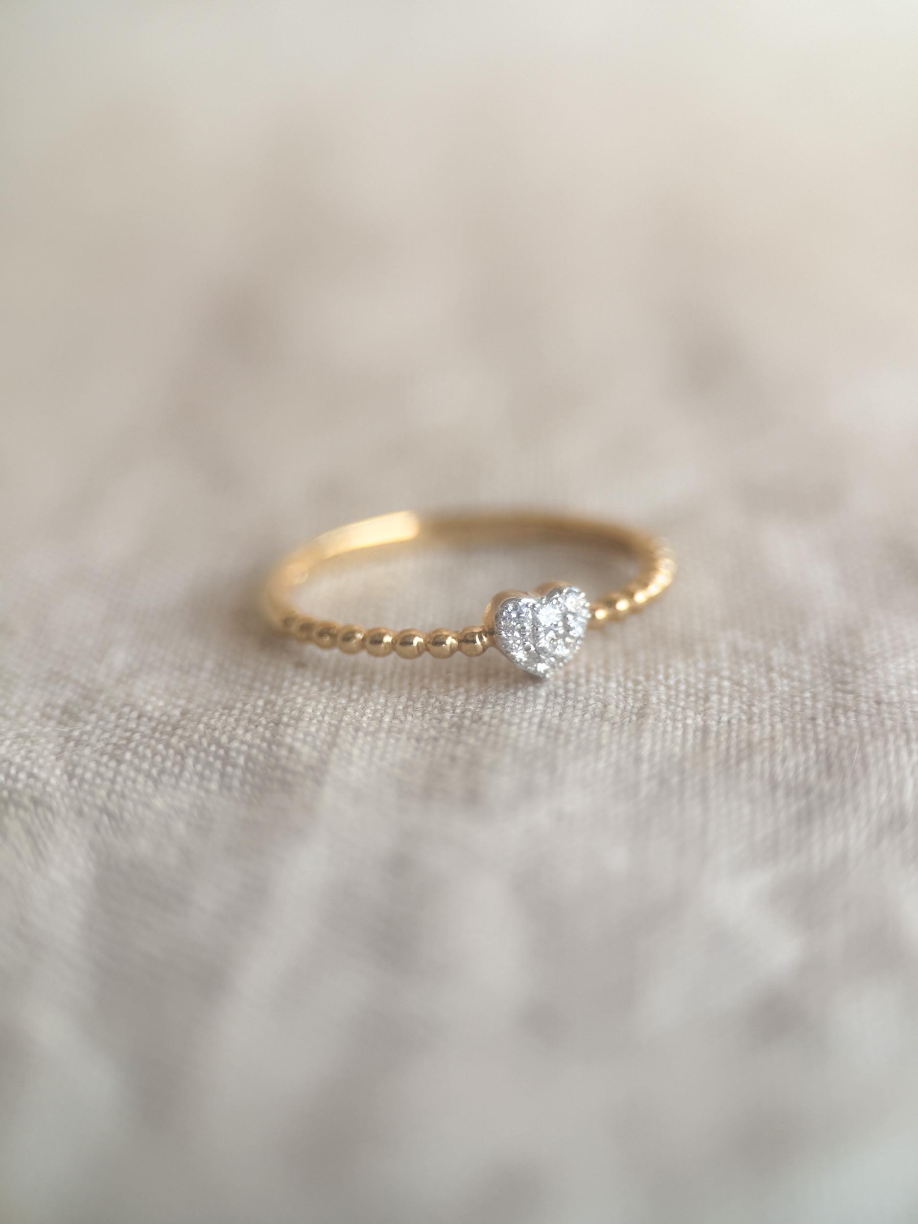 Vintage Diamond Engagement Ring, Heart Shaped Pave, 18k Gold, 1990s Beaded Style Band
