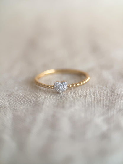 Vintage Diamond Engagement Ring, Heart Shaped Pave, 18k Gold, 1990s Beaded Style Band
