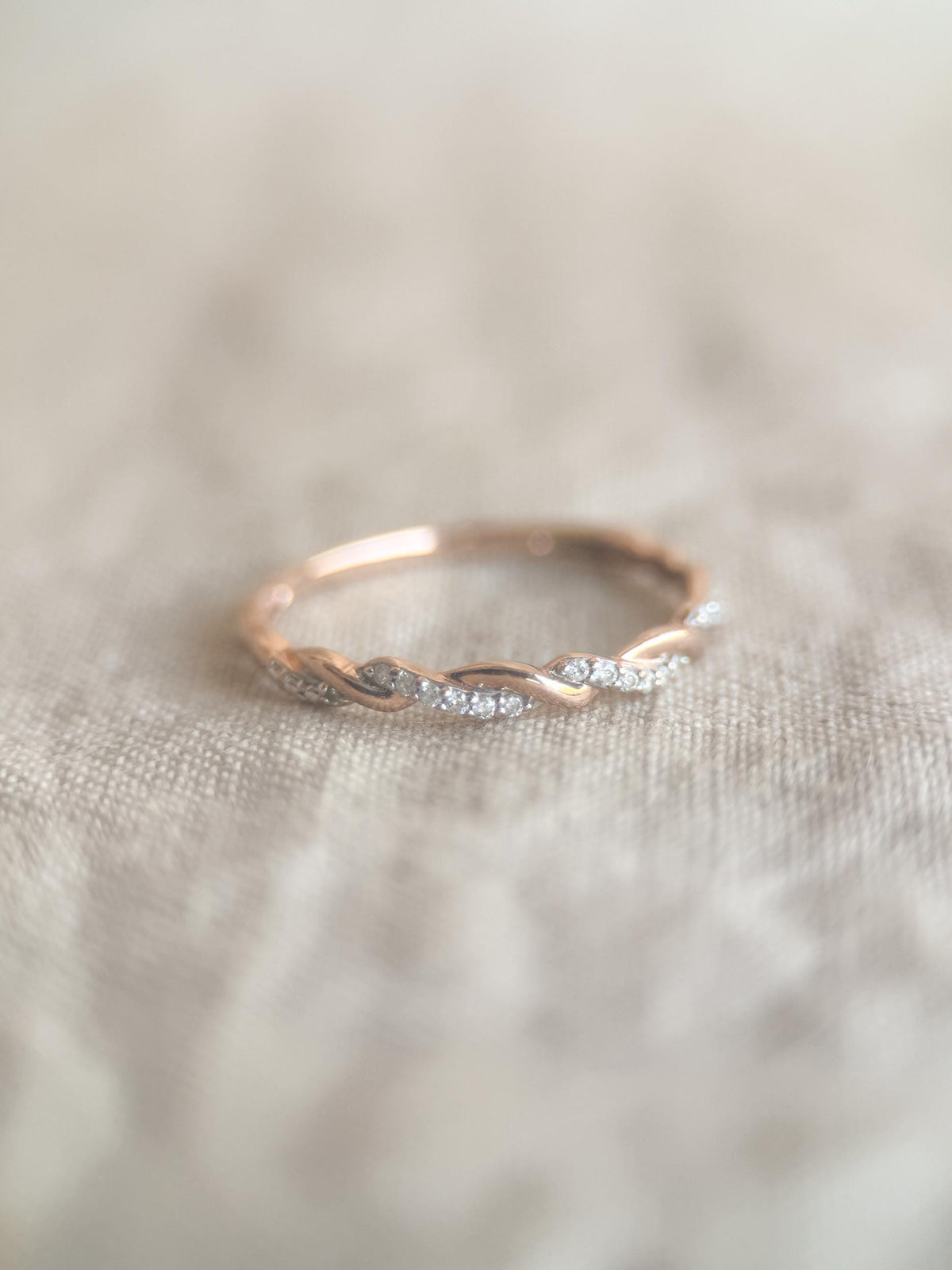 Vintage Diamond Wedding Band, 14k Rose Gold, Infinity Twist Stacking Ring, Bridal Jewelry