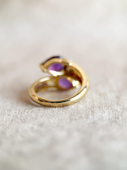 Vintage Amethyst Diamond Toi et Moi Ring, 14k Gold, Pear Twin Stone Statement Ring