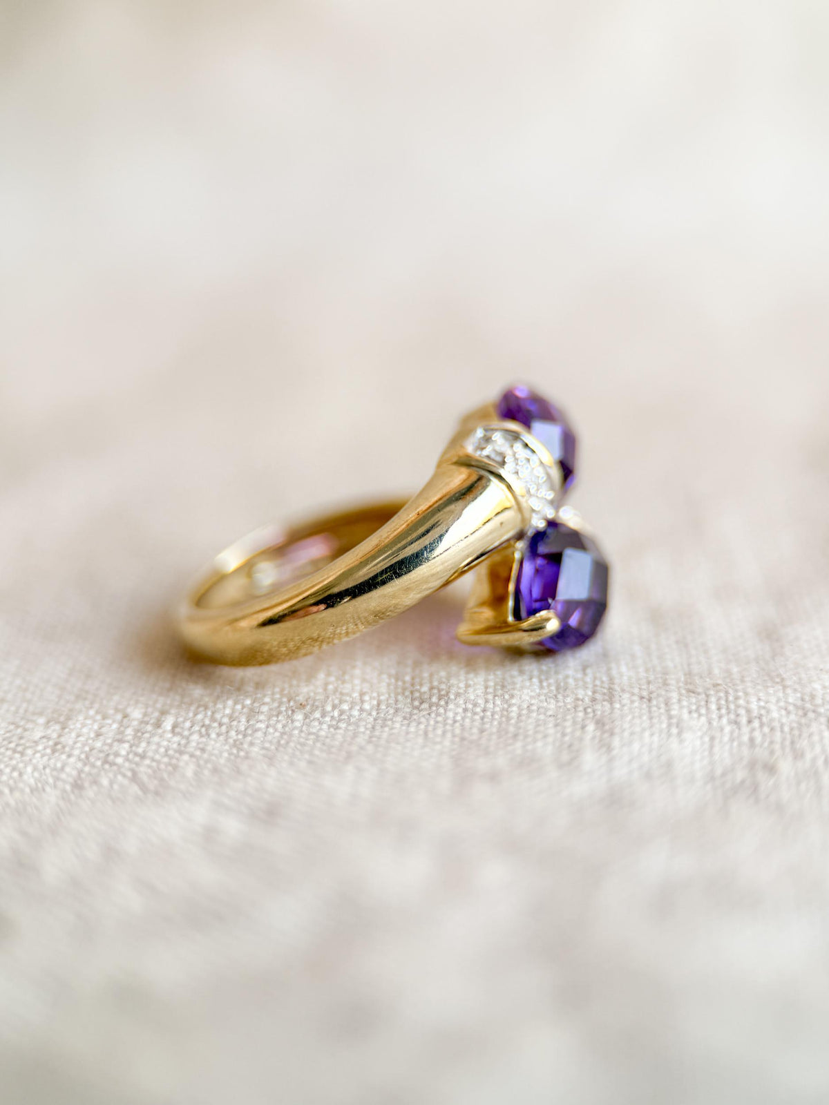 Vintage Amethyst Diamond Toi et Moi Ring, 14k Gold, Pear Twin Stone Statement Ring