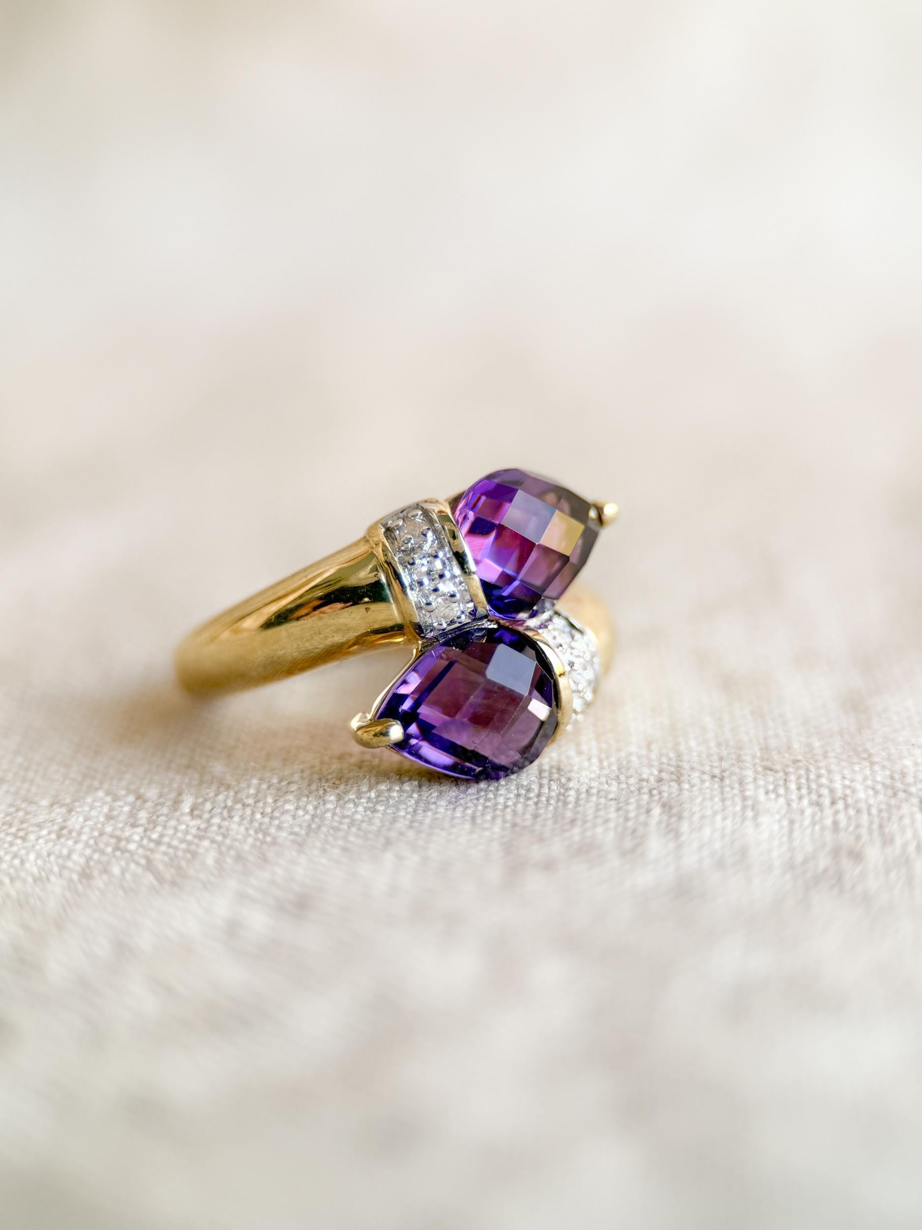 Vintage Amethyst Diamond Toi et Moi Ring, 14k Gold, Pear Twin Stone Statement Ring