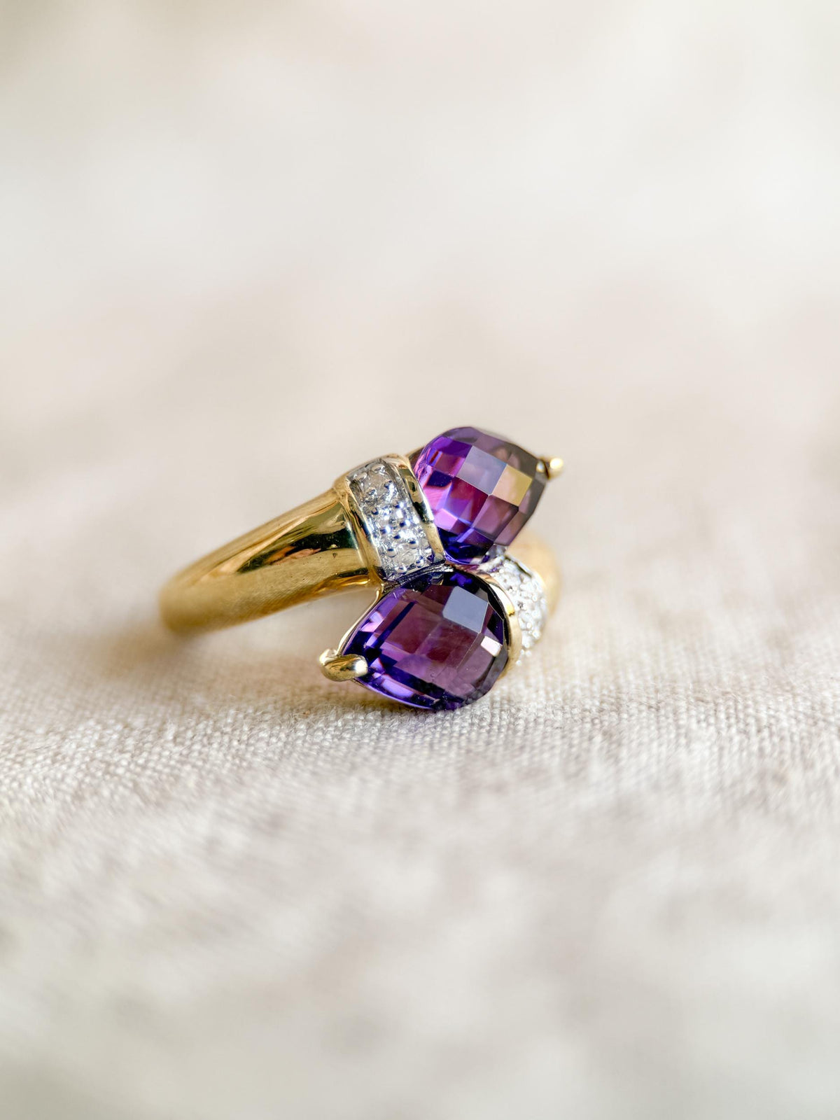 Vintage Amethyst Diamond Toi et Moi Ring, 14k Gold, Pear Twin Stone Statement Ring