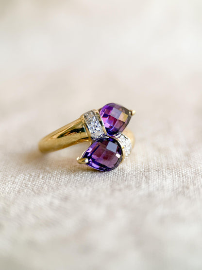 Vintage Amethyst Diamond Toi et Moi Ring, 14k Gold, Pear Twin Stone Statement Ring