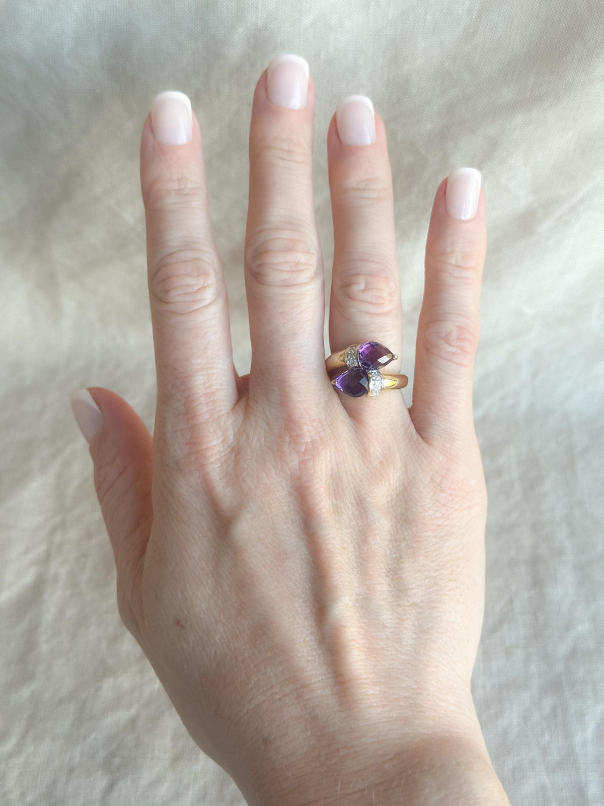 Vintage Amethyst Diamond Toi et Moi Ring, 14k Gold, Pear Twin Stone Statement Ring