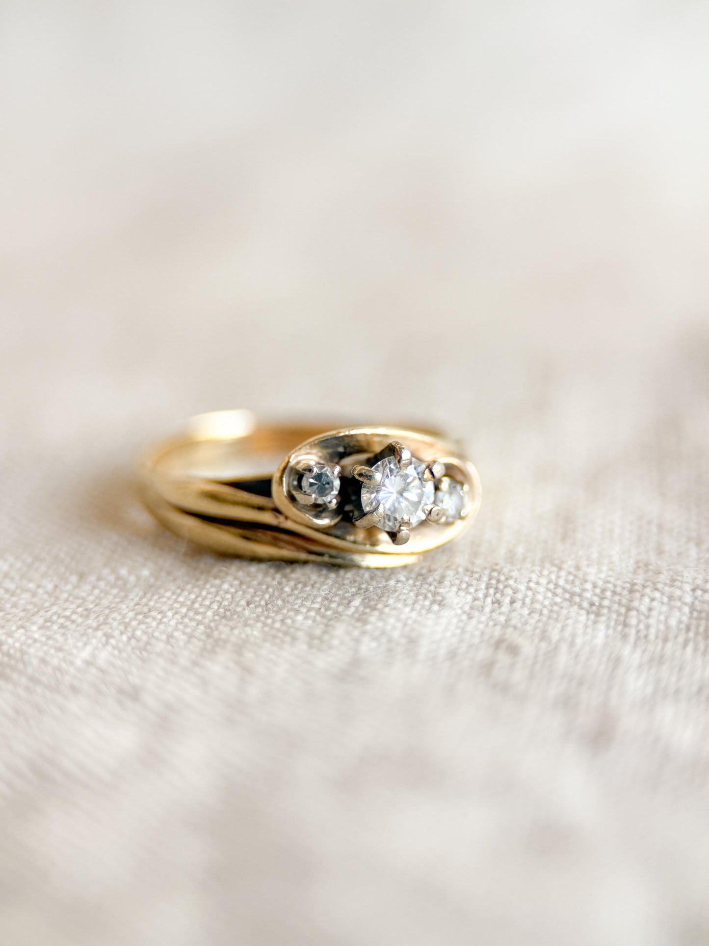 Vintage Diamond Engagement Ring, Round Cut, 14k Gold, Three Stone Wave Swirl Bridal Ring