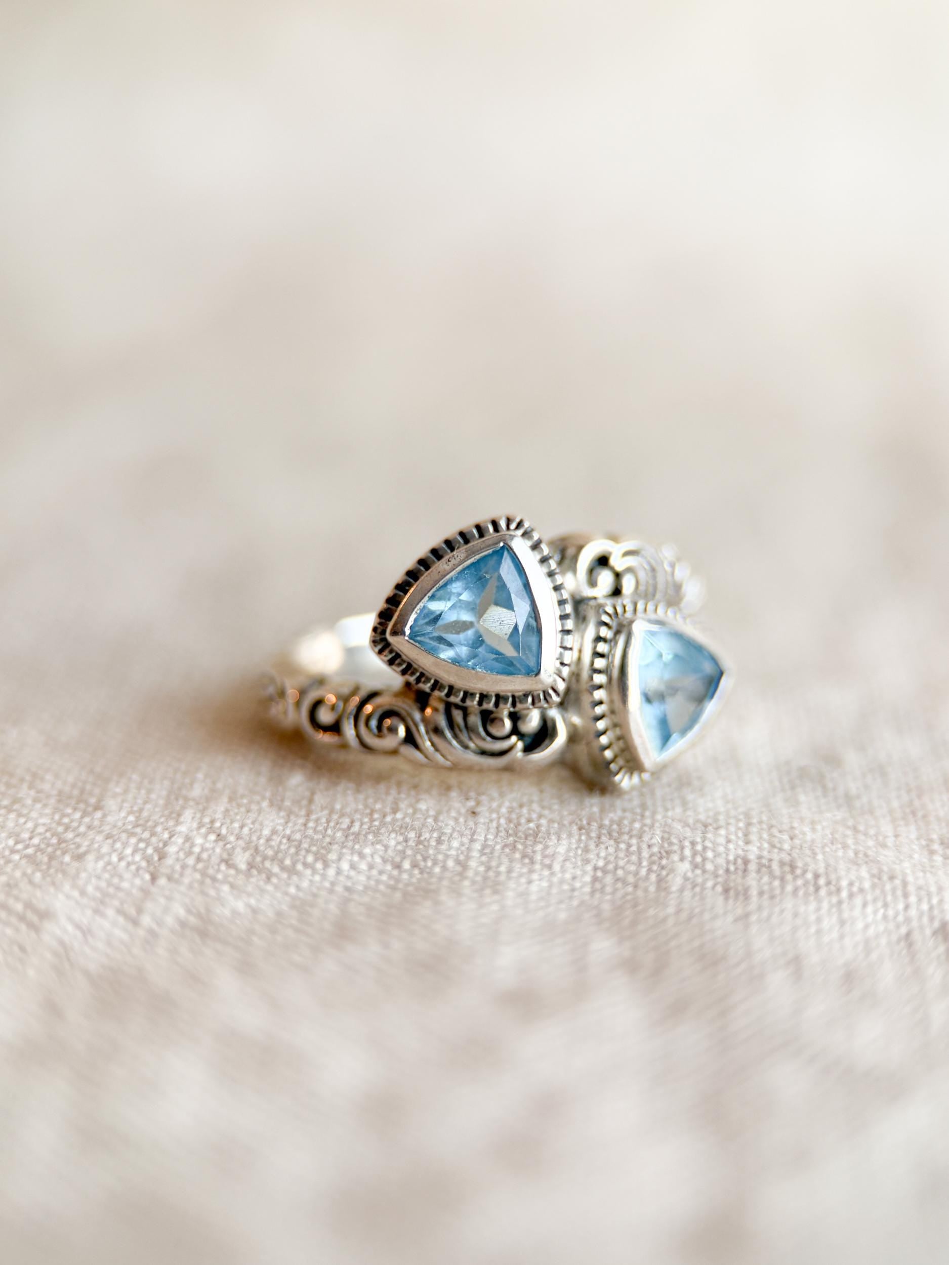 Vintage Sterling Silver Blue Topaz Double Triangle Ring, Boho Filigree Jewelry