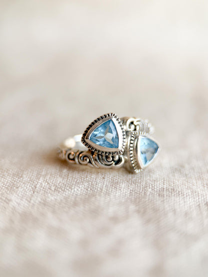 Vintage Sterling Silver Blue Topaz Double Triangle Ring, Boho Filigree Jewelry