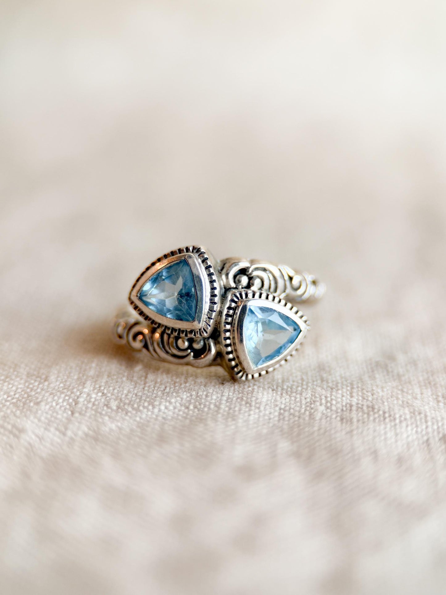 Vintage Sterling Silver Blue Topaz Double Triangle Ring, Boho Filigree Jewelry