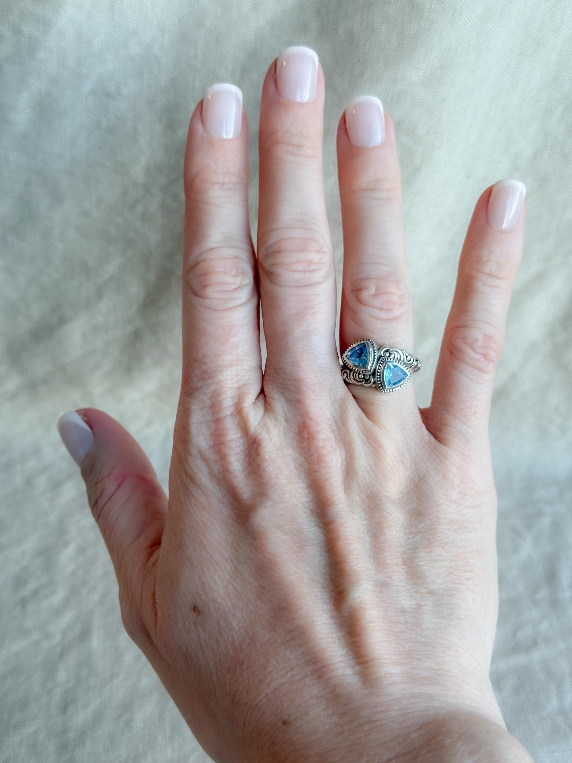 Vintage Sterling Silver Blue Topaz Double Triangle Ring, Boho Filigree Jewelry