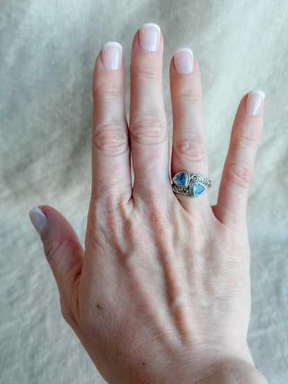 Vintage Sterling Silver Blue Topaz Double Triangle Ring, Boho Filigree Jewelry