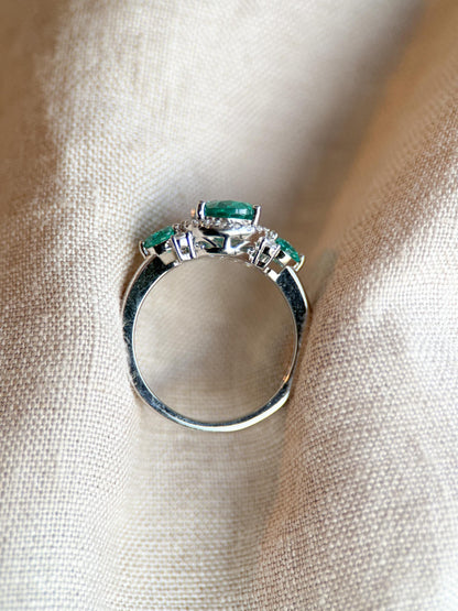 Vintage Sterling Silver Three Stone Halo Ring, Cubic Zirconia Statement Jewelry