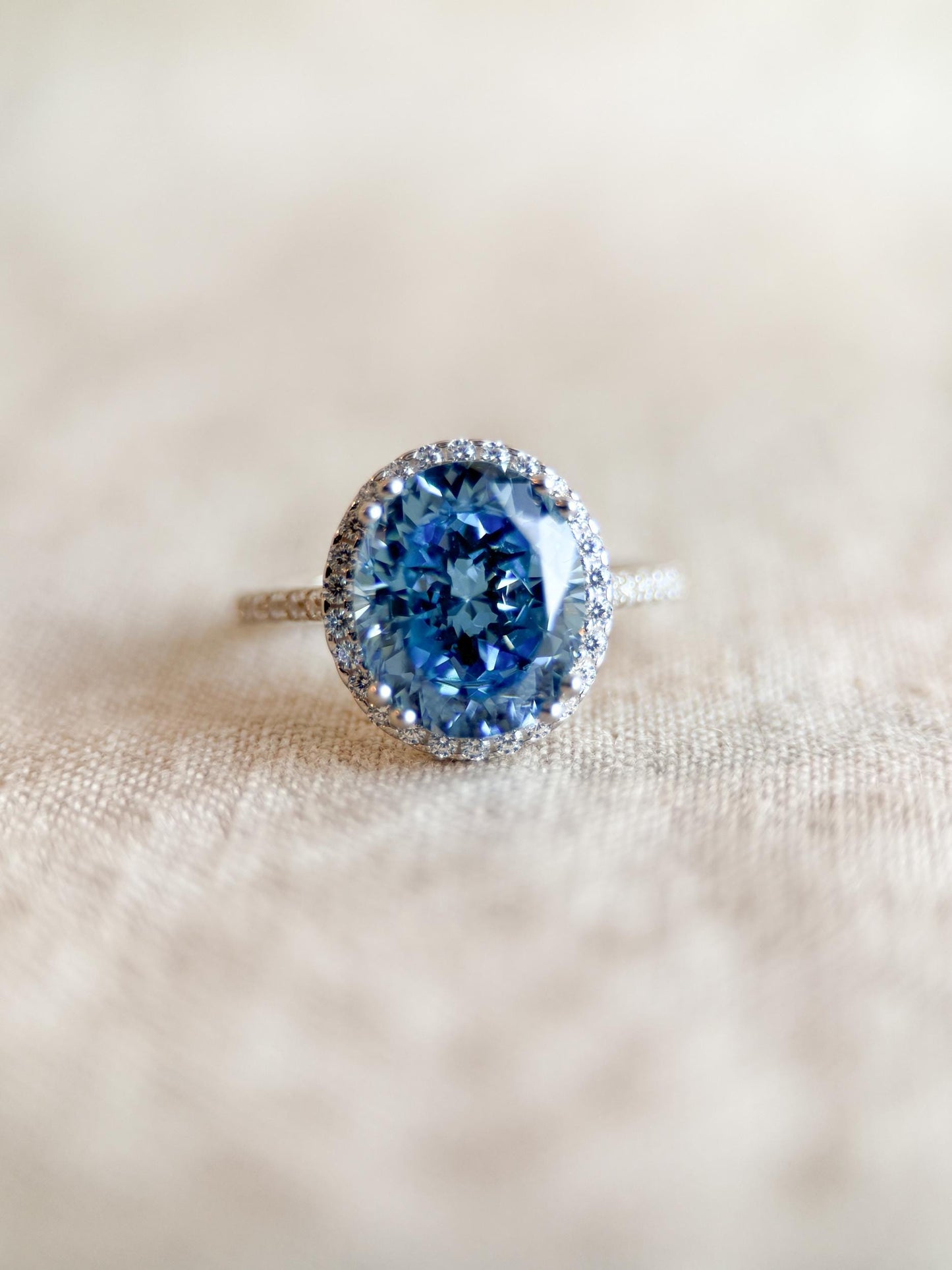 Vintage Cubic Zirconia Engagement Ring, Oval Cut, Sterling Silver, 2000s Blue Halo Promise Ring