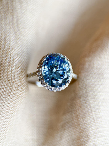 Vintage Cubic Zirconia Engagement Ring, Oval Cut, Sterling Silver, 2000s Blue Halo Promise Ring