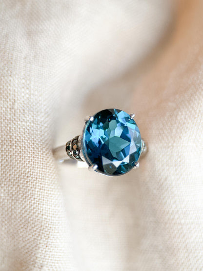 Vintage Blue Topaz Sterling Silver Ring, Oval Cocktail Statement Jewelry